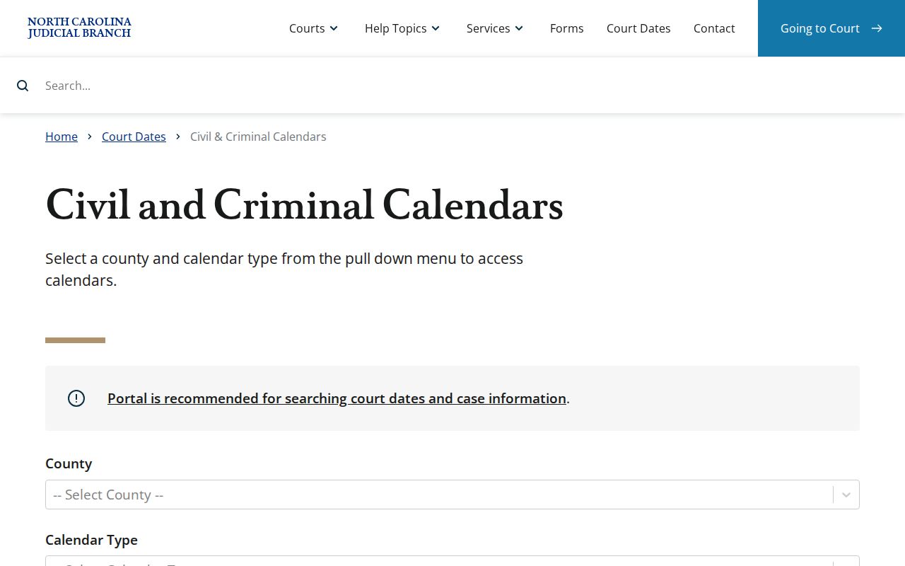 Yadkin County court calendar search selector