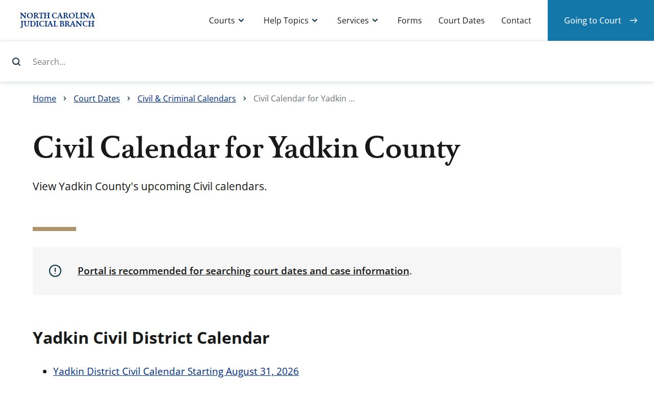 Yadkin County court calendar civil results