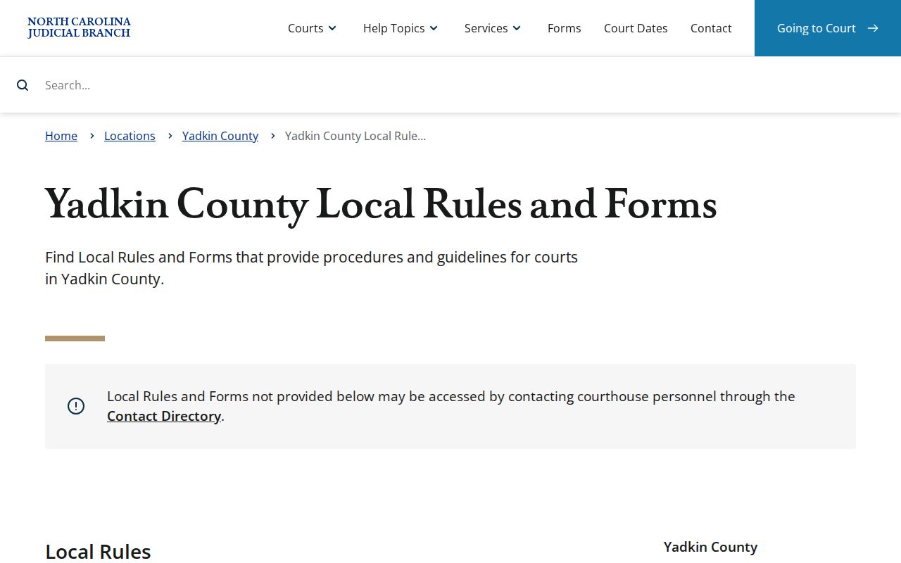 Yadkin County court calendar local rules and forms