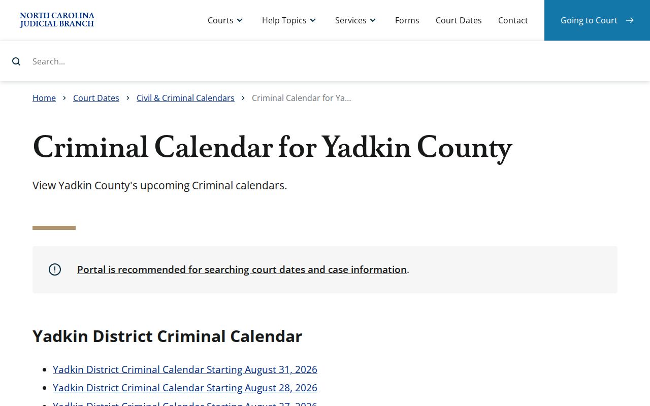 Yadkin County court calendar criminal results
