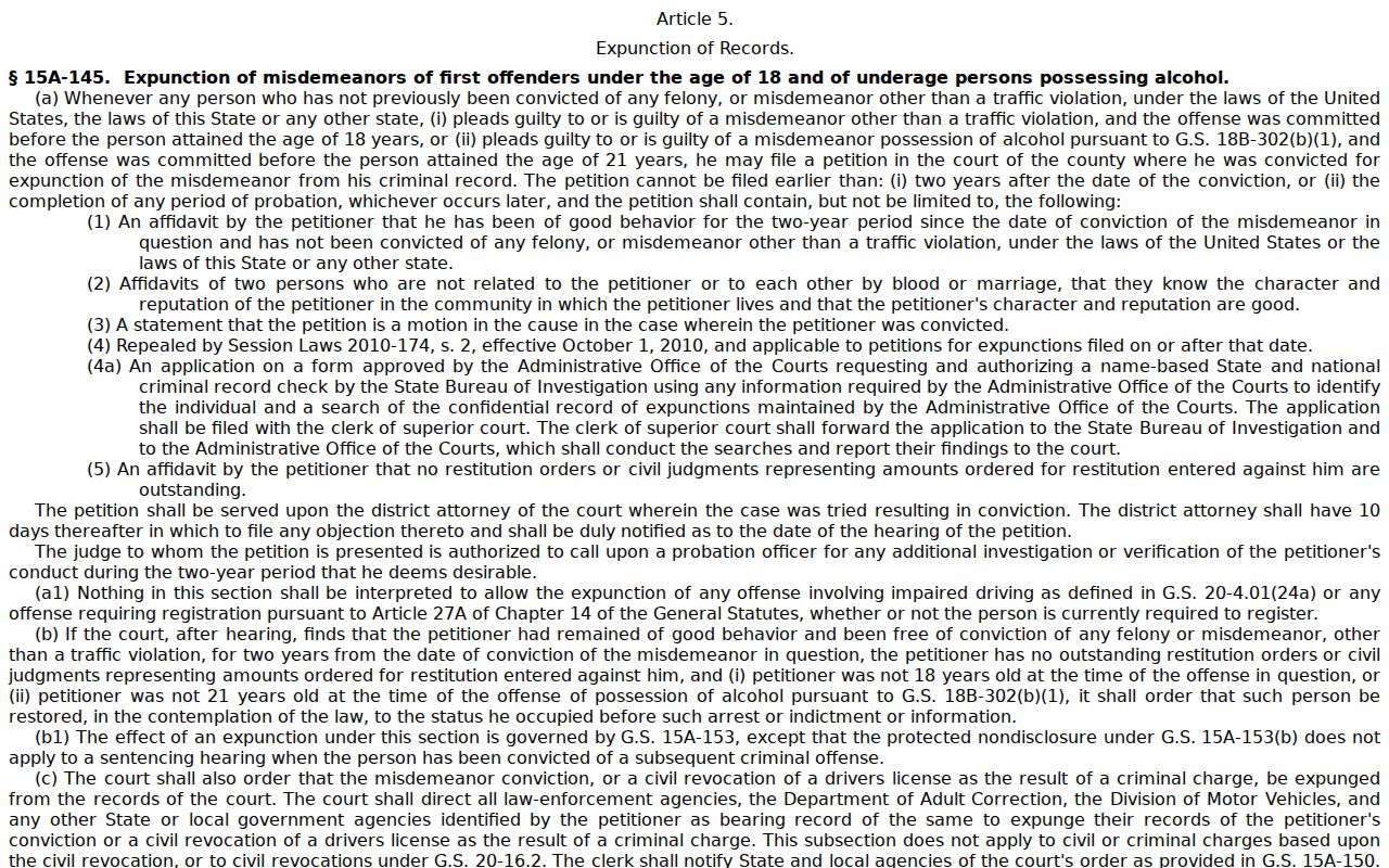 Yadkin criminal court records reference to North Carolina expunction statute