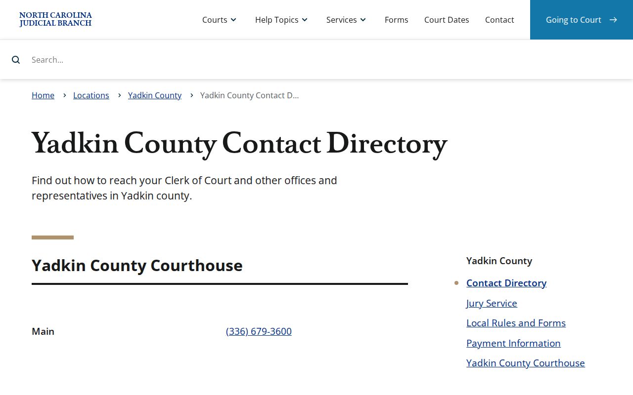 Yadkin County court docket Clerk contact directory