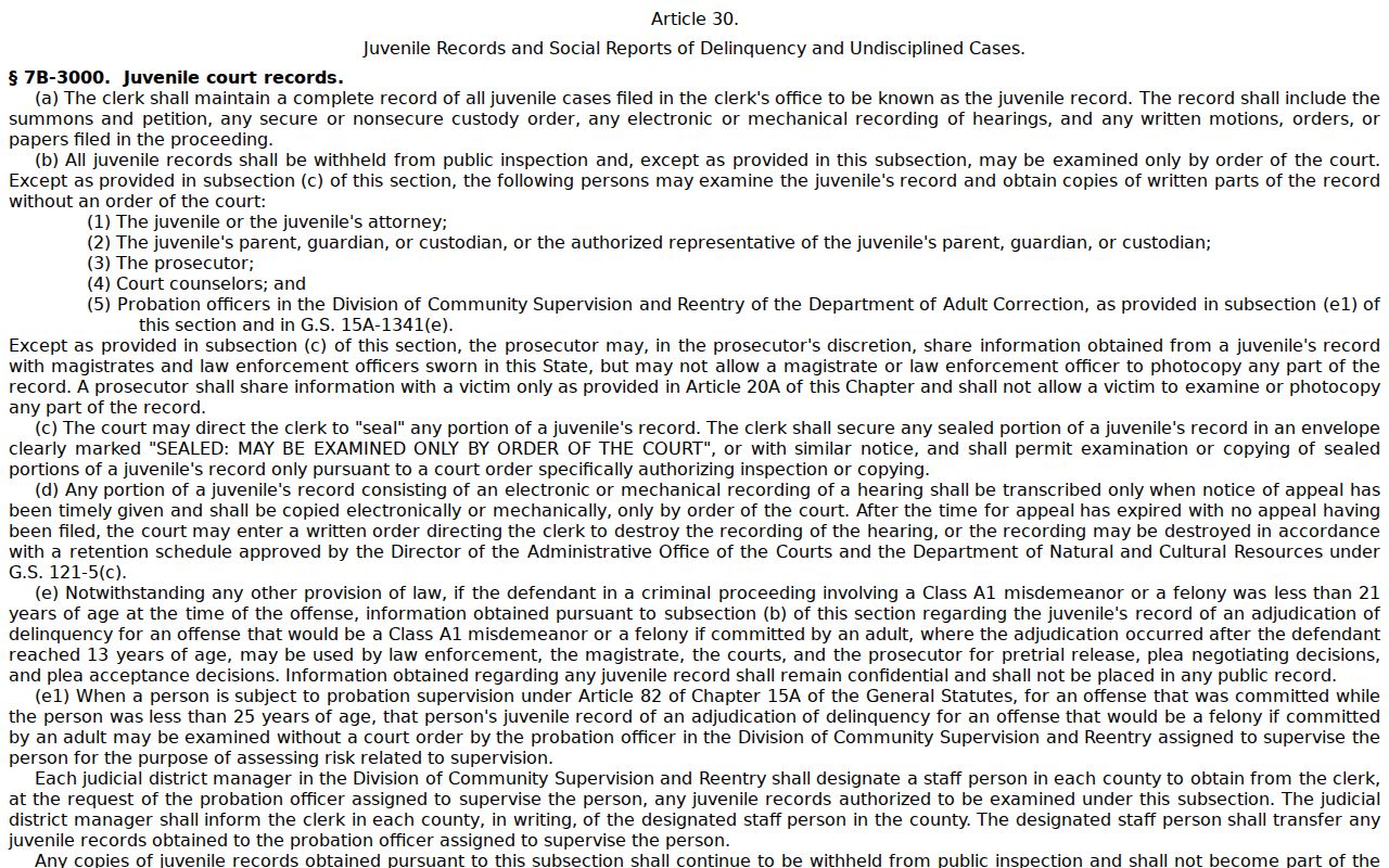 Yadkin traffic court records juvenile confidentiality statute reference