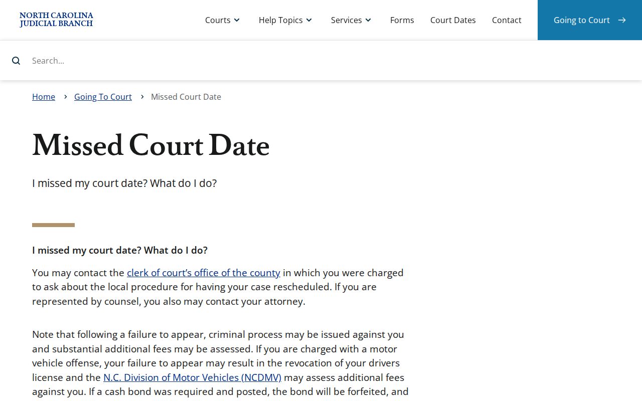 Yadkin traffic court records official missed court date guidance