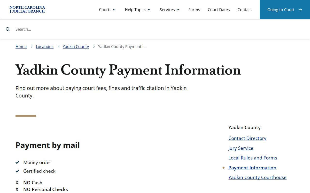 Yadkin traffic court records payment information from the Yadkin Clerk page